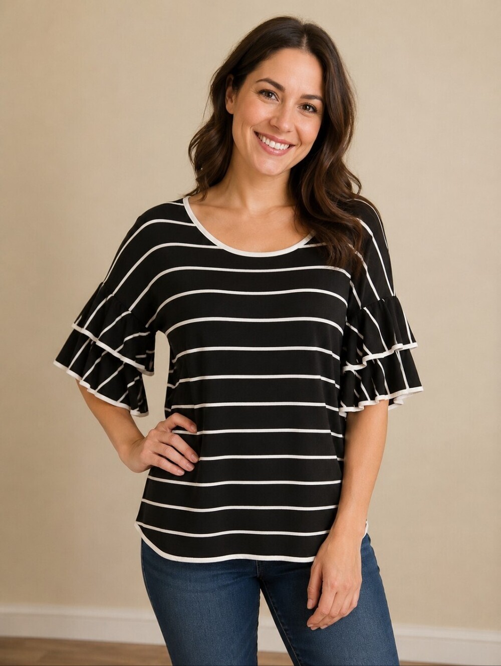 ❤️ NWOT! CABLE & GAUGE TIERED RUFFLE SLEEVE STRIPED TOP, MEDIUM